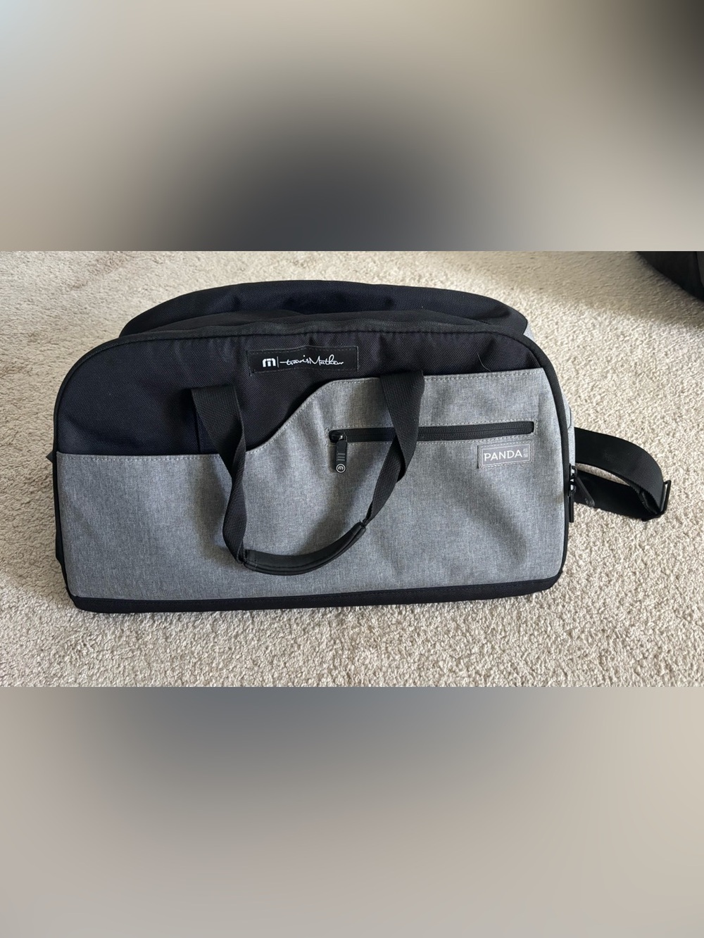 Travis Mathew Gray and Black Duffel Bag with Front Zipper